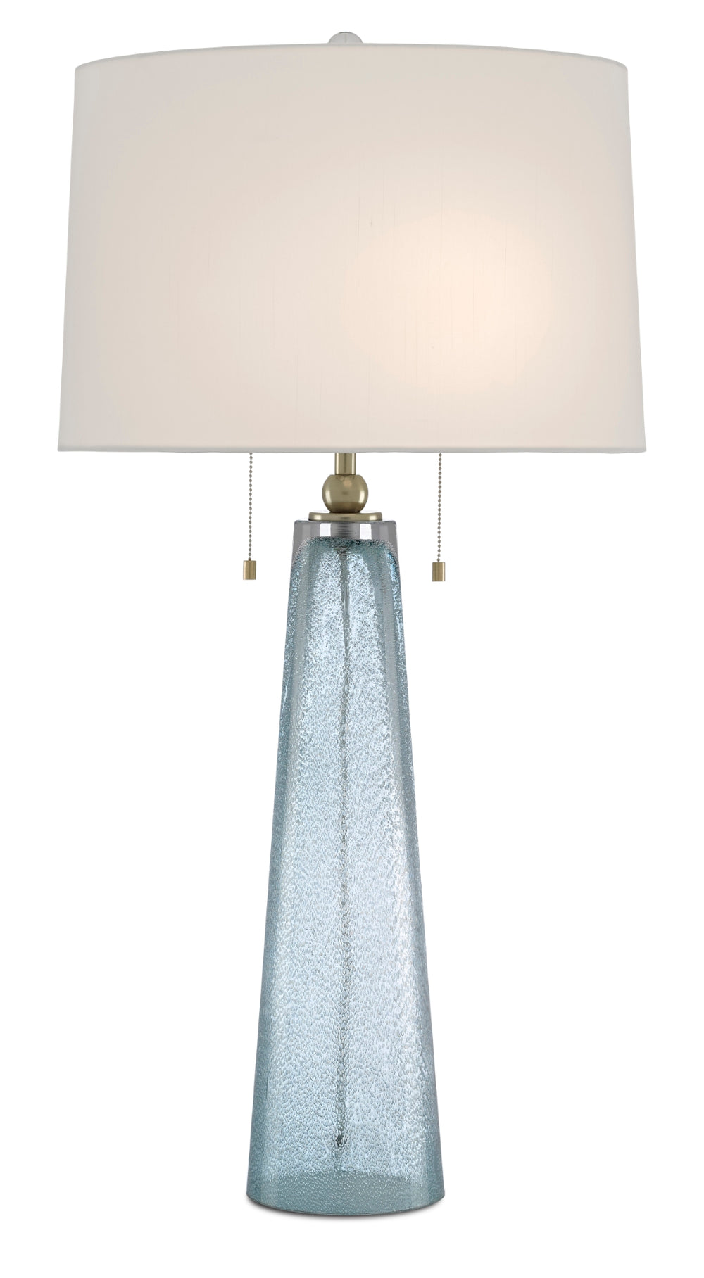 Looke Table Lamp - Elegant Pale Blue Glass Design with Brass Hardware & Off-White Drum Shade, 33.5"