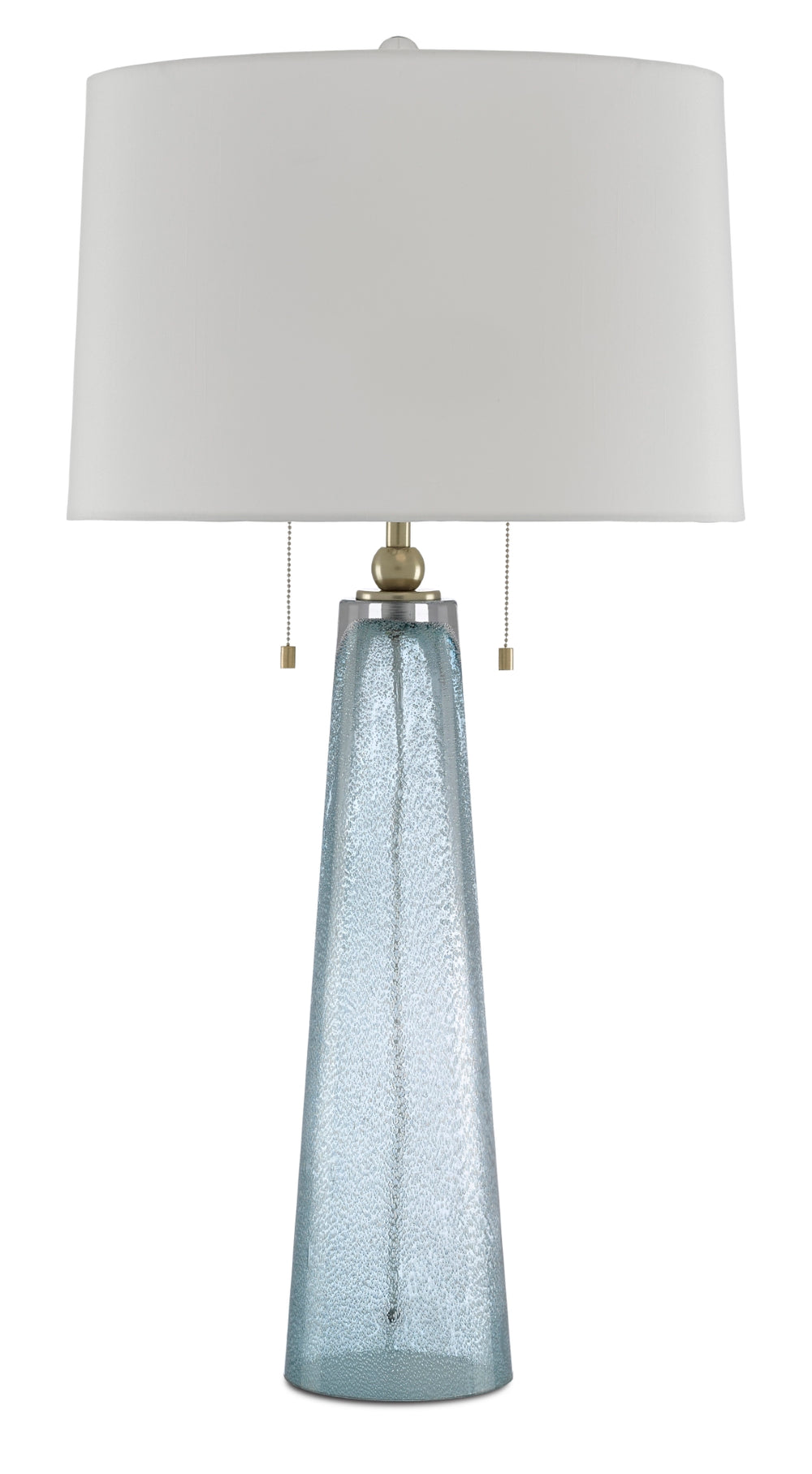 Looke Table Lamp - Elegant Pale Blue Glass Design with Brass Hardware & Off-White Drum Shade, 33.5"