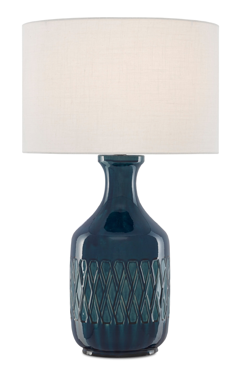 Samba Blue Table Lamp - Luminous Ocean Blue Ceramic with Off-White Shade & Unique Reactive Glaze Design