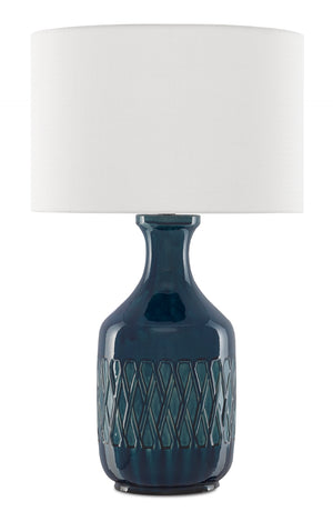 Samba Blue Table Lamp - Luminous Ocean Blue Ceramic with Off-White Shade & Unique Reactive Glaze Design