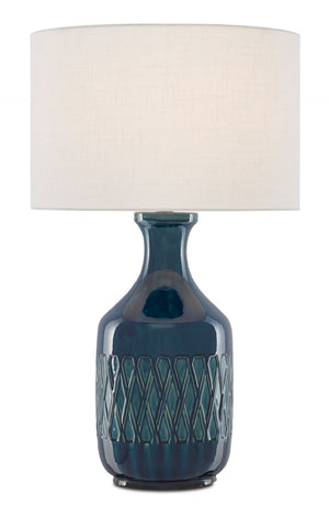 Samba Blue Table Lamp - Luminous Ocean Blue Ceramic with Off-White Shade & Unique Reactive Glaze Design