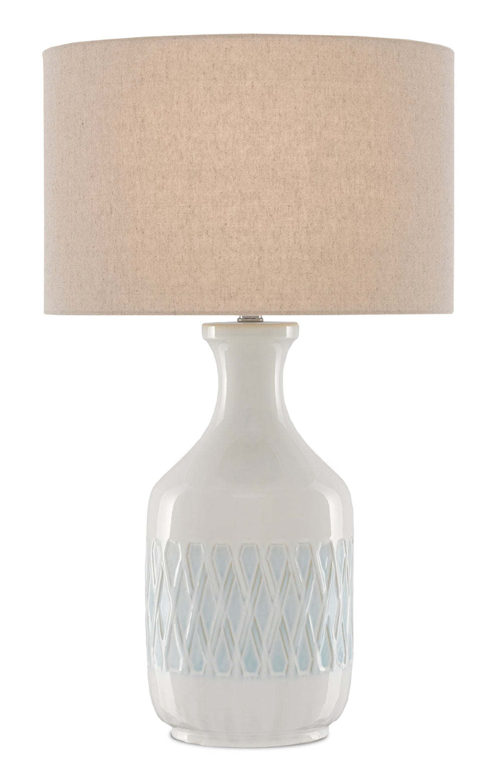 Samba White Table Lamp - Elegant Ceramic Design with Sky Blue Accents & Beige Linen Shade, 29.25"