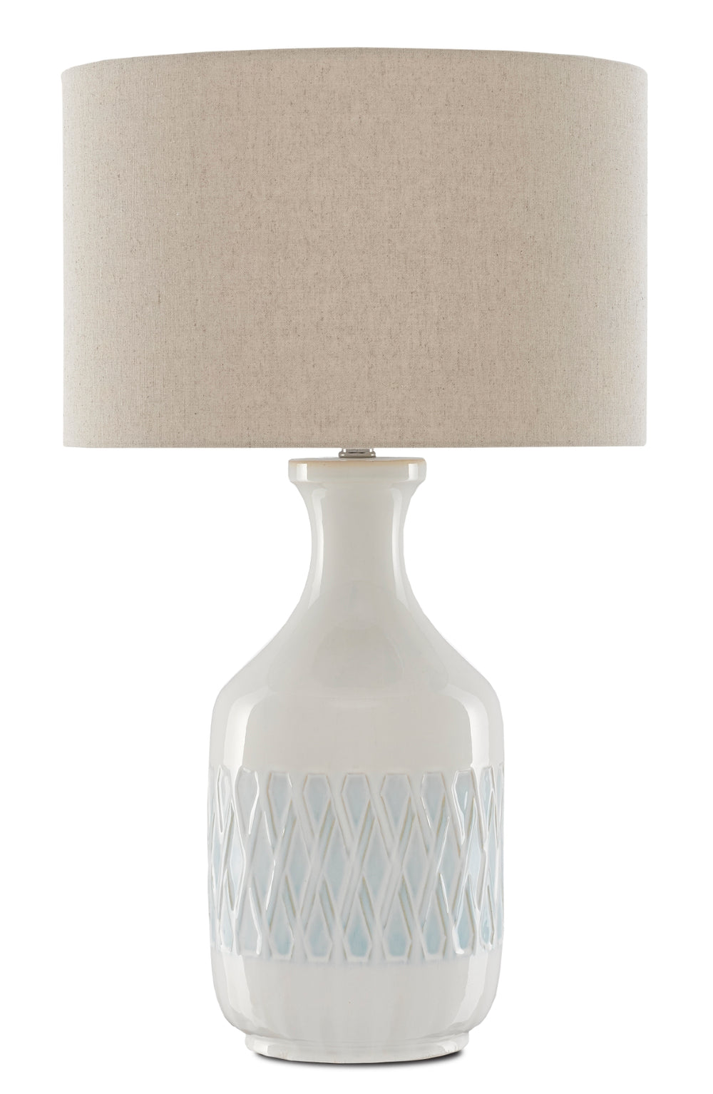 Samba White Table Lamp - Elegant Ceramic Design with Sky Blue Accents & Beige Linen Shade, 29.25"