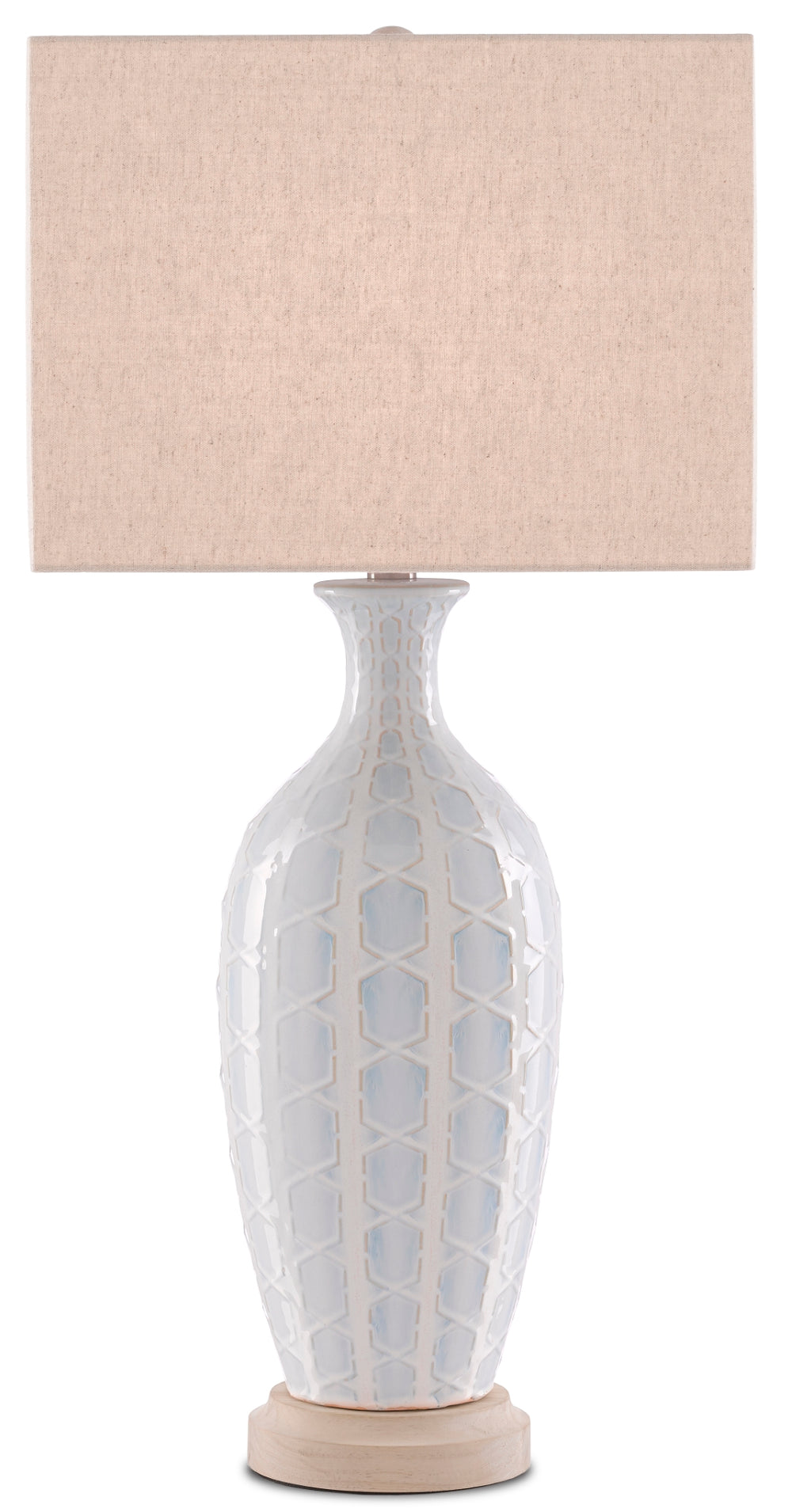 Saraband Table Lamp - Elegant Sky Blue & Cream Ceramic Design with Off-White Shade & Crystal Finial