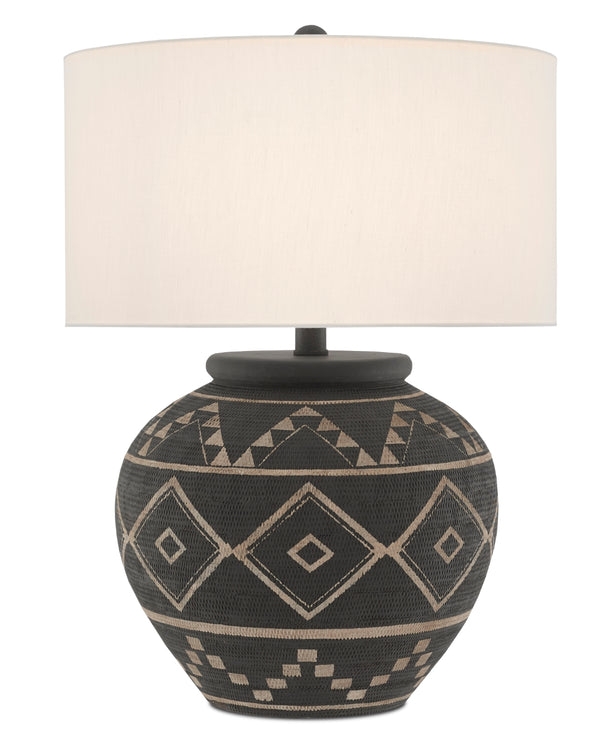 Tattoo Table Lamp - Elegant Brewed Latte Finish with Wrought Iron Base and Off-White Linen Shade
