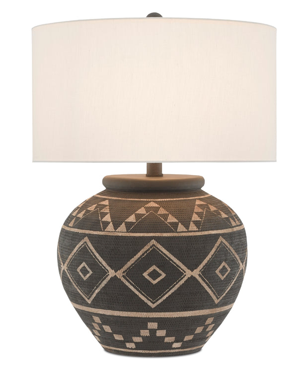 Tattoo Table Lamp - Elegant Brewed Latte Finish with Wrought Iron Base and Off-White Linen Shade