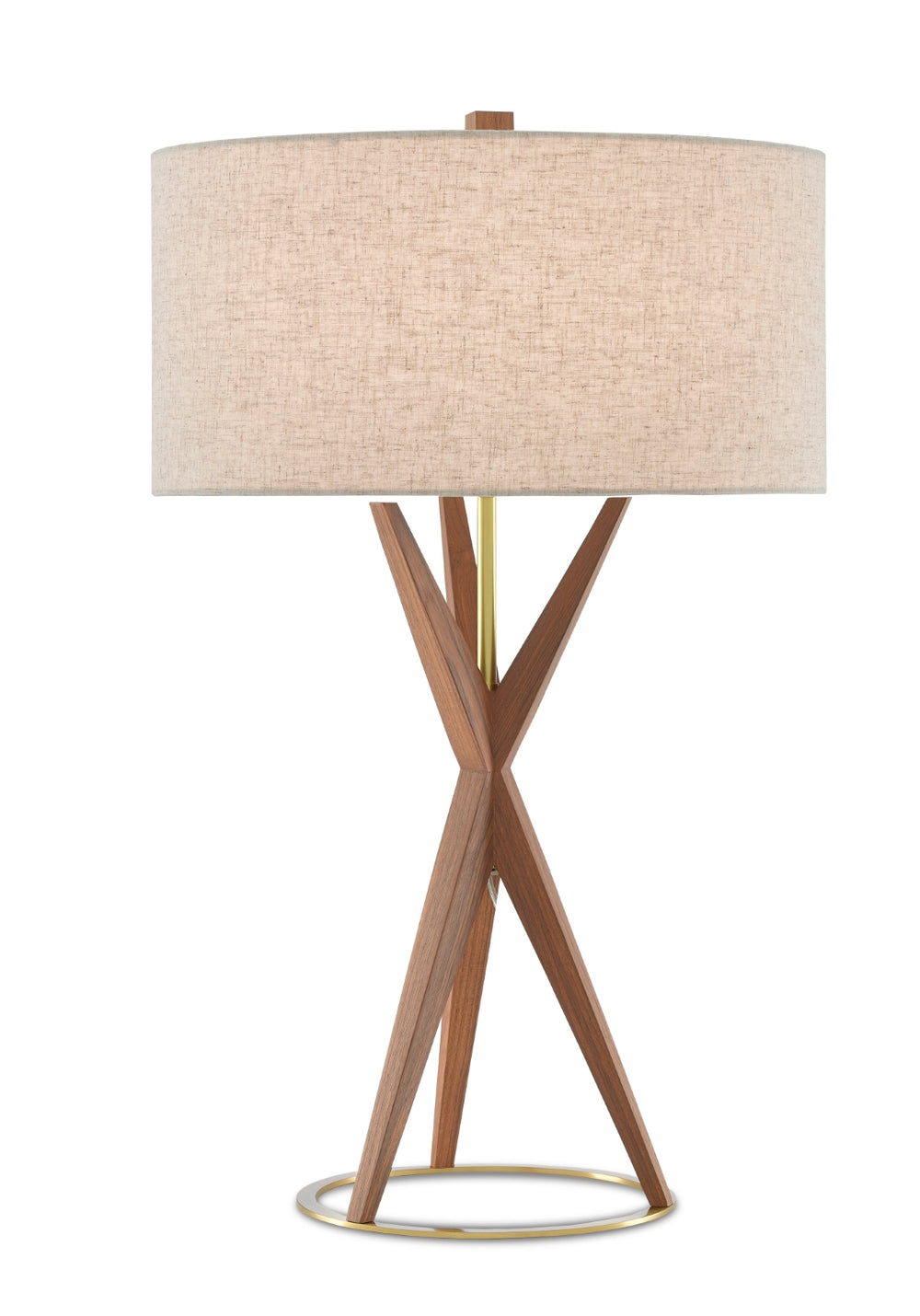 Variation Table Lamp - Mid-Century Modern Teak & Brass Design with Natural Linen Shade, 28" Tall