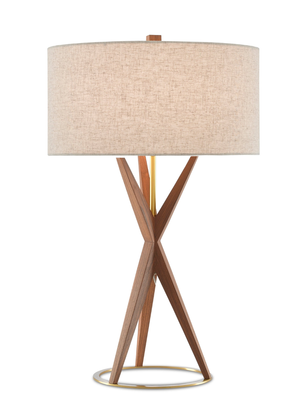 Variation Table Lamp - Mid-Century Modern Teak & Brass Design with Natural Linen Shade, 28" Tall