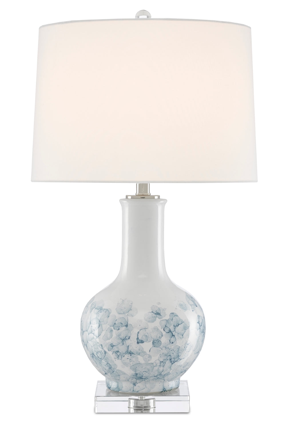 Myrtle Table Lamp: Elegant White & Blue Ceramic Design with Crystal Base, Off-White Linen Shade