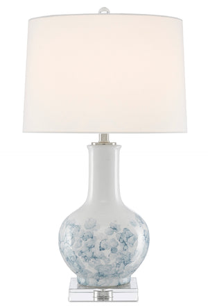 Myrtle Table Lamp: Elegant White & Blue Ceramic Design with Crystal Base, Off-White Linen Shade