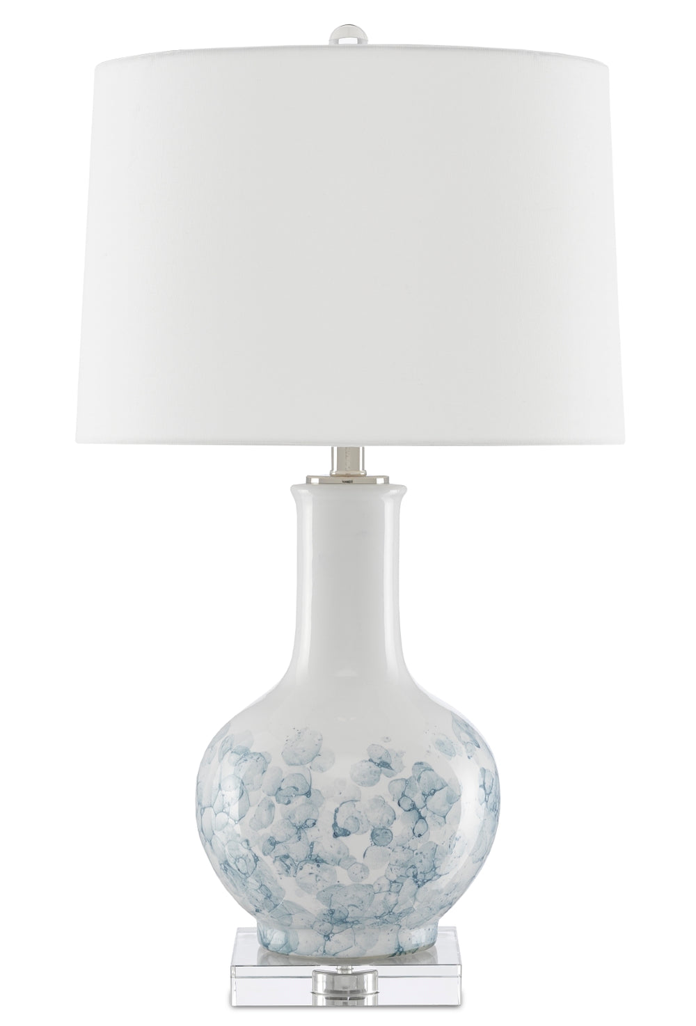 Myrtle Table Lamp: Elegant White & Blue Ceramic Design with Crystal Base, Off-White Linen Shade