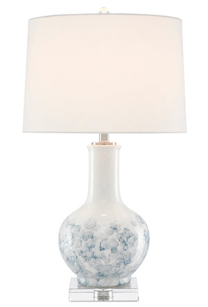 Myrtle Table Lamp: Elegant White & Blue Ceramic Design with Crystal Base, Off-White Linen Shade
