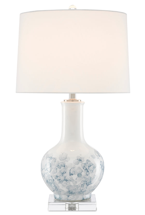 Myrtle Table Lamp: Elegant White & Blue Ceramic Design with Crystal Base, Off-White Linen Shade