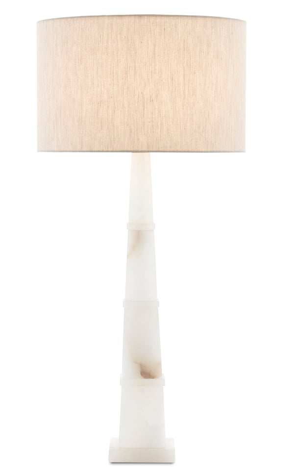 Alabastro Table Lamp - Luxurious Obelisk Design in Stunning Alabaster with Natural Linen Shade