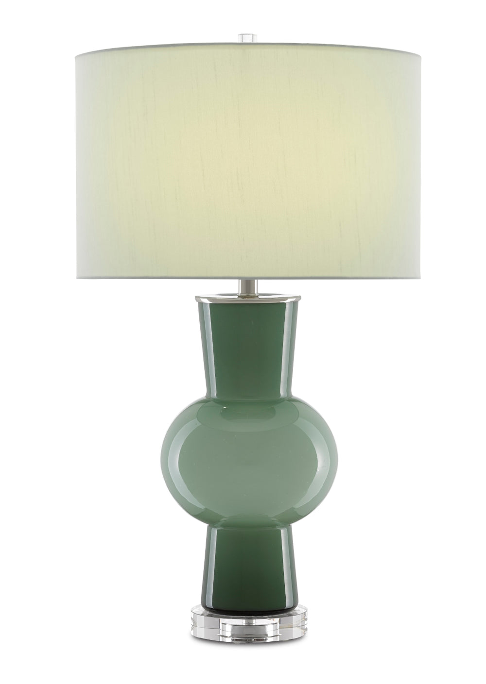 Duende Green Table Lamp - Elegant Glass Design with Artful Green Shantung Shade & Crystal Base