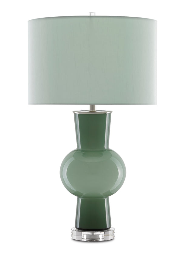 Duende Green Table Lamp - Elegant Glass Design with Artful Green Shantung Shade & Crystal Base