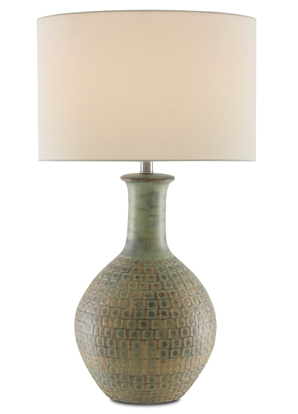 Loro Table Lamp: Distressed Dark Moss Green & Gold Terracotta with Ivory Shantung Shade Design