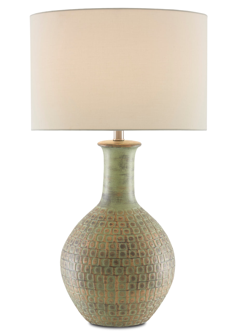 Loro Table Lamp: Distressed Dark Moss Green & Gold Terracotta with Ivory Shantung Shade Design