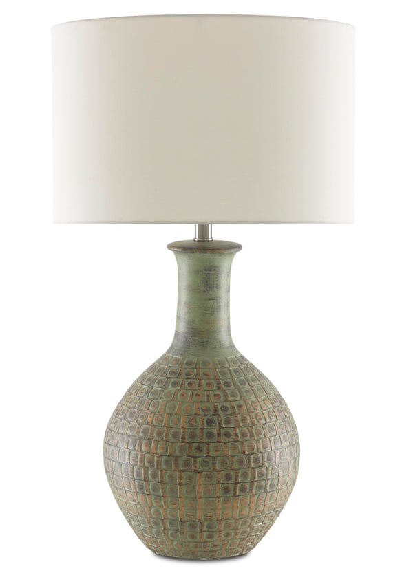 Loro Table Lamp: Distressed Dark Moss Green & Gold Terracotta with Ivory Shantung Shade Design