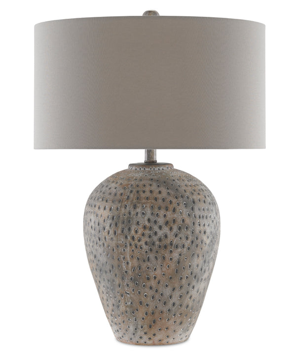 Junius Table Lamp - Earth Gray Terracotta with Linen Shade, Industrial Chic Design for Modern Homes