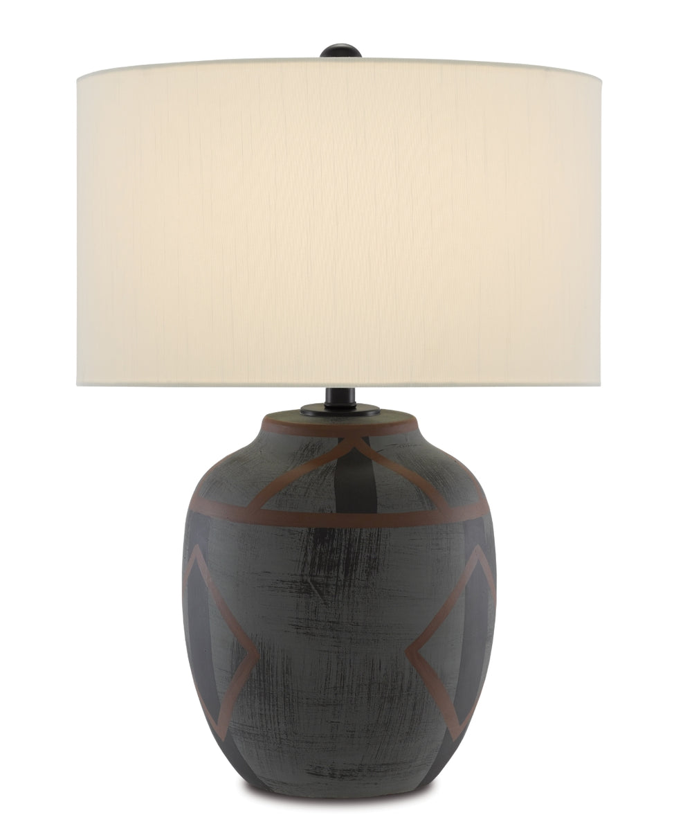 Juste Table Lamp - Handcrafted Terracotta with Dark Blue Finish & Off-White Shantung Shade, 24.25"