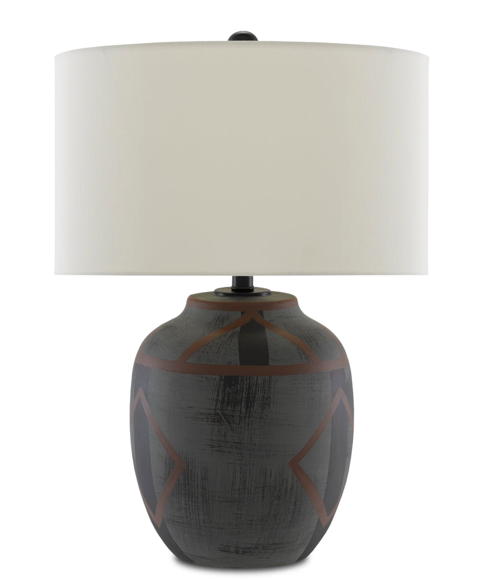 Juste Table Lamp - Handcrafted Terracotta with Dark Blue Finish & Off-White Shantung Shade, 24.25"