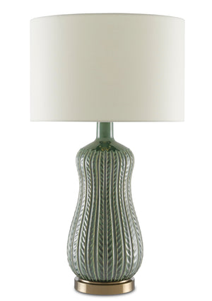 Mamora Green Table Lamp - Elegant Ceramic Design with Ivory Shantung Shade & Leafy Trellis Pattern