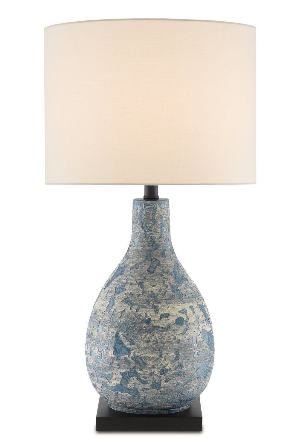 Ostracon Table Lamp - Vintage Blue Ceramic with Ivory Shantung Shade, Elegant Home Décor Accent