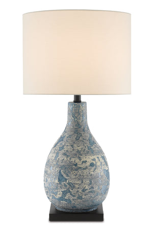 Ostracon Table Lamp - Vintage Blue Ceramic with Ivory Shantung Shade, Elegant Home Décor Accent