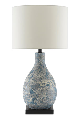 Ostracon Table Lamp - Vintage Blue Ceramic with Ivory Shantung Shade, Elegant Home Décor Accent