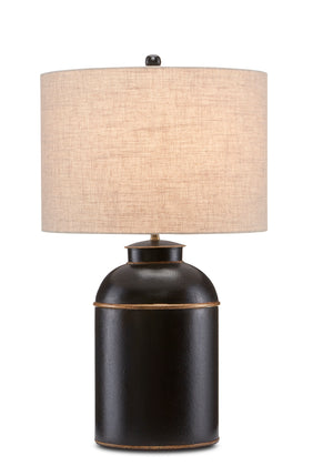 London Black Table Lamp – Elegant Wrought Iron Design with Gold Accents & Natural Linen Shade, 27.5"