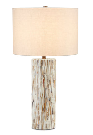 Aquila Table Lamp - Elegant Bone Mosaic Design with Antique Brass Finish and White Drum Shade