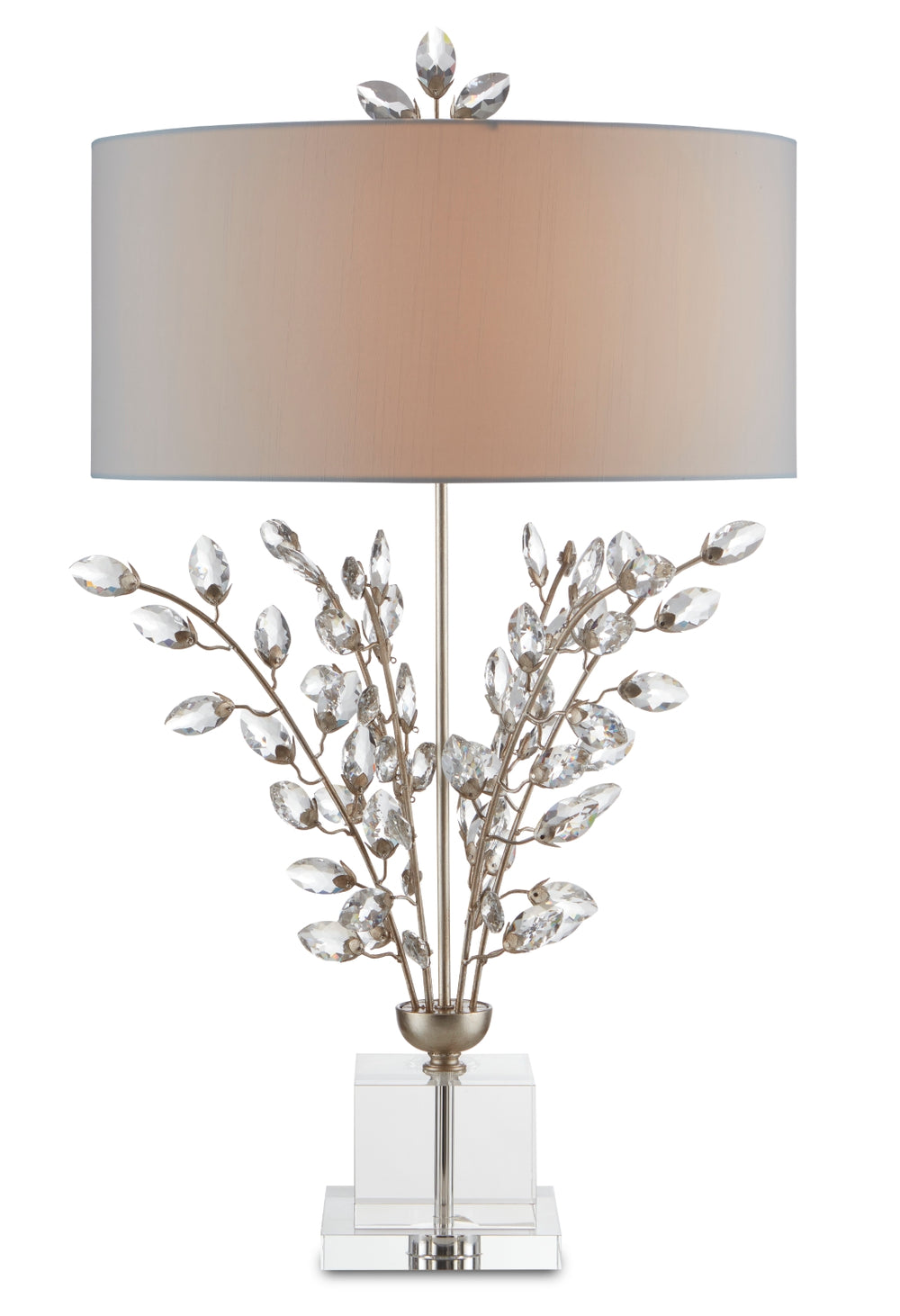 Forget-Me-Not Silver Table Lamp - Elegant Crystal Buds with Stunning Silver Leaf Finish & White Shade