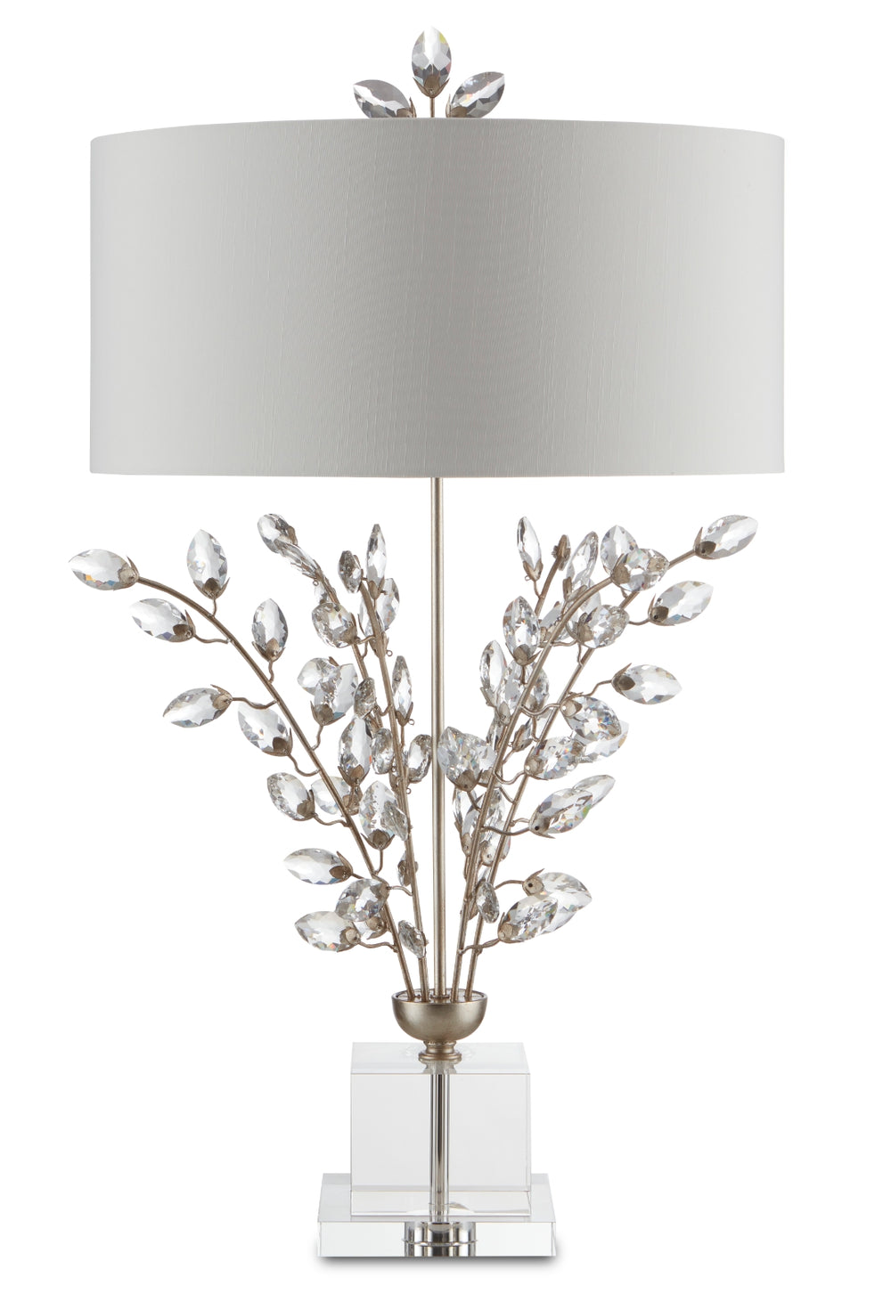 Forget-Me-Not Silver Table Lamp - Elegant Crystal Buds with Stunning Silver Leaf Finish & White Shade