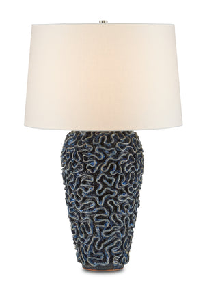 Milos Blue Table Lamp - Hand-Thrown Ceramic Design with Deep Reactive Finish, Unique Coral Texture