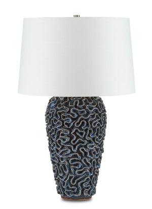 Milos Blue Table Lamp - Hand-Thrown Ceramic Design with Deep Reactive Finish, Unique Coral Texture