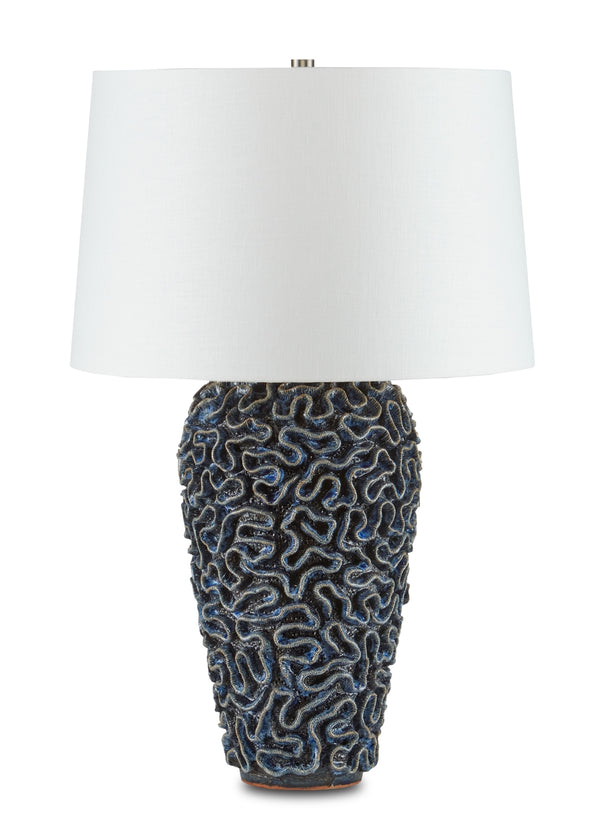 Milos Blue Table Lamp - Hand-Thrown Ceramic Design with Deep Reactive Finish, Unique Coral Texture