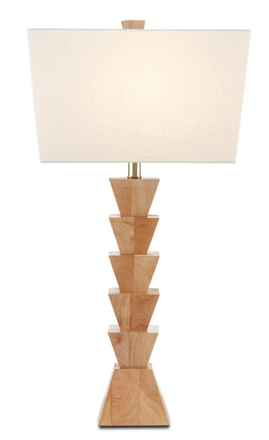 Elmstead Table Lamp - Stylish Natural Wood Design with Unique Angular Shape & Off-White Linen Shade