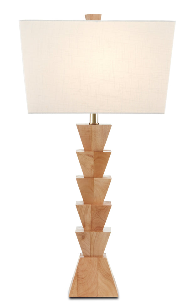 Elmstead Table Lamp - Stylish Natural Wood Design with Unique Angular Shape & Off-White Linen Shade
