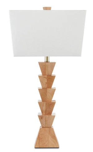 Elmstead Table Lamp - Stylish Natural Wood Design with Unique Angular Shape & Off-White Linen Shade