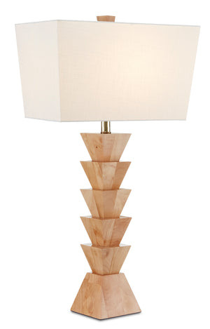 Elmstead Table Lamp - Stylish Natural Wood Design with Unique Angular Shape & Off-White Linen Shade