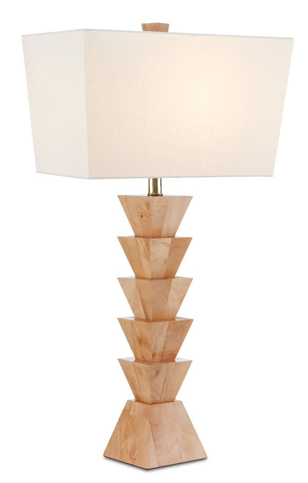Elmstead Table Lamp - Stylish Natural Wood Design with Unique Angular Shape & Off-White Linen Shade