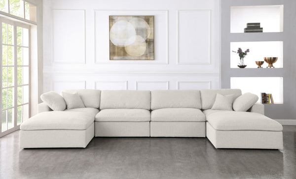 Serene Linen Textured Fabric / Down / Polyester / Engineered Wood Contemporary Cream Linen Textured Fabric Deluxe Cloud-Like Comfort Modular Sectional - 158" W x 80" D x 32" H