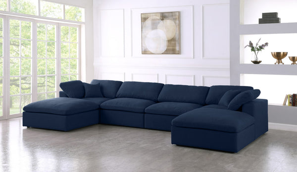 Serene Linen Textured Fabric / Down / Polyester / Engineered Wood Contemporary Navy Linen Textured Fabric Deluxe Cloud-Like Comfort Modular Sectional - 158" W x 80" D x 32" H