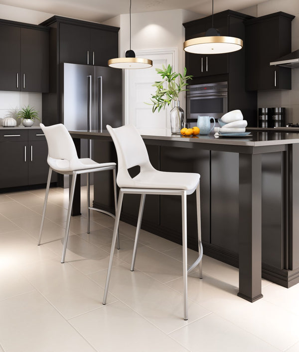 Zuo Modern Ace 100% Polyurethane, Plywood, Stainless Steel Modern Commercial Grade Counter Stool Set - Set of 2 White, Silver 100% Polyurethane, Plywood, Stainless Steel