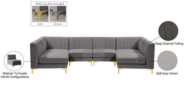 Alina Velvet / Engineered Wood / Metal / Foam Contemporary Grey Velvet Modular Sectional - 119" W x 59.5" D x 31" H