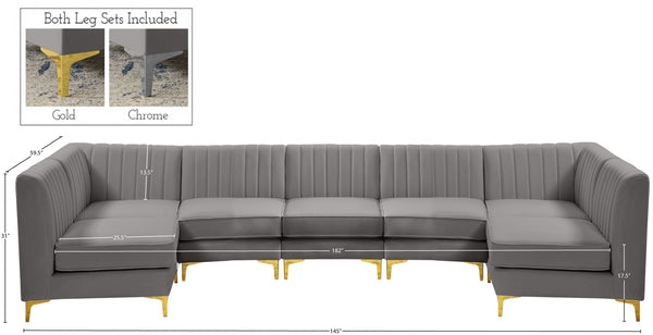Alina Velvet / Engineered Wood / Metal / Foam Contemporary Grey Velvet Modular Sectional - 145" W x 59.5" D x 31" H