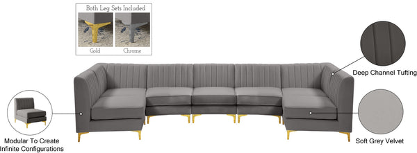 Alina Velvet / Engineered Wood / Metal / Foam Contemporary Grey Velvet Modular Sectional - 145" W x 59.5" D x 31" H