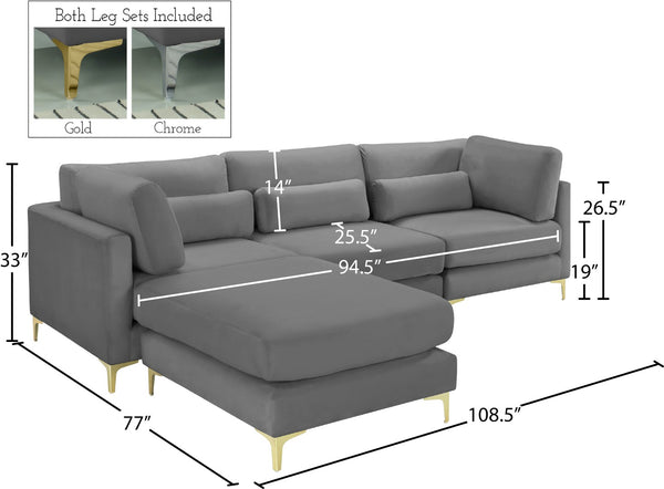 Julia Velvet / Engineered Wood / Metal / Foam Contemporary Grey Velvet Modular Sectional (4 Boxes) - 108.5" W x 77" D x 33" H