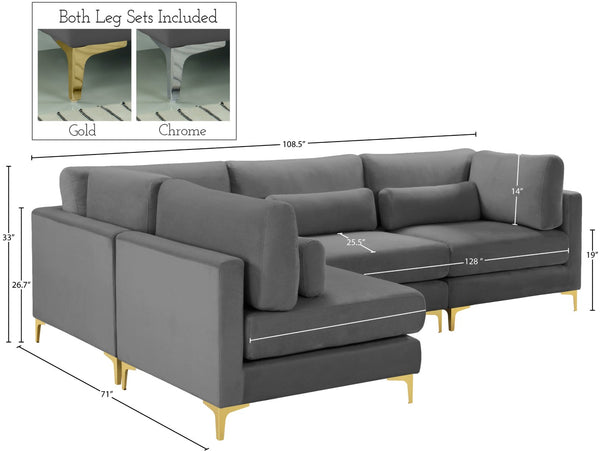 Julia Velvet / Engineered Wood / Metal / Foam Contemporary Grey Velvet Modular Sectional (4 Boxes) - 108.5" W x 71" D x 33" H